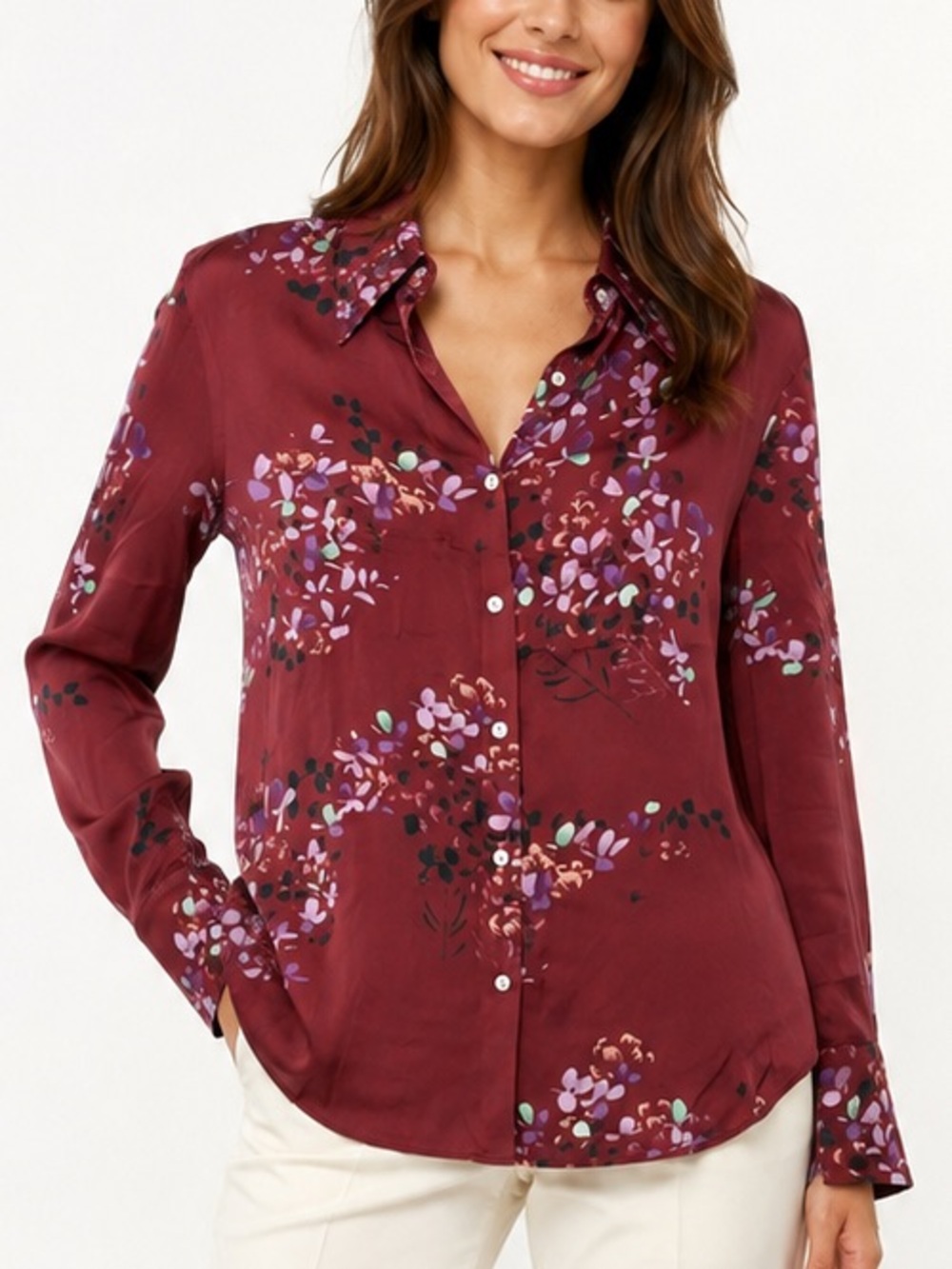 Vince 100% Silk Forsythia Floral Blouse MEDIUM Burgundy Wine Long Sleeve Classic